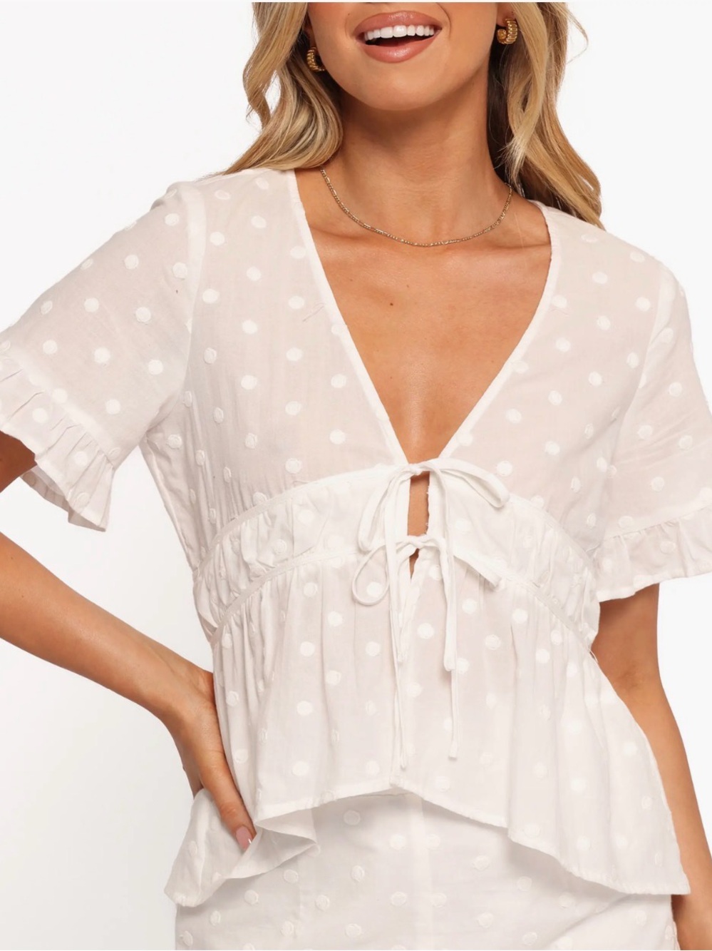 Petal & Pup White Swiss Dot Tie-Front Peplum Blouse